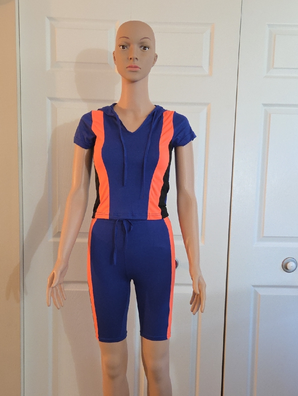 TRUE ROCK Royal Blue Short Sleeve Hoodie Set with Neon Orange Stripes